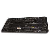 Black rectangular plastic tray with raised edges, shown on a white background