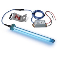 Blue fluorescent UV lamp with power supply and cord on a white background