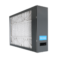 Gray industrial air filter unit with pleated white filter panels and a blue label panel on the side