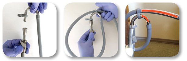 How to set up Nu-bird ergonomic hose for comfortable working length and affixing the Ergo Clip to curved metal fitting.