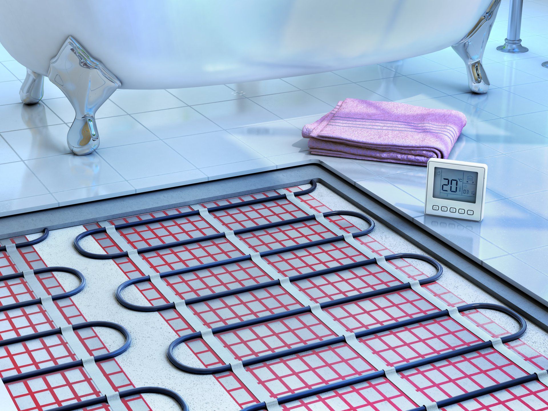 A bathtub is sitting next to a heated floor in a bathroom. Underfloor heating - electrics exposed
