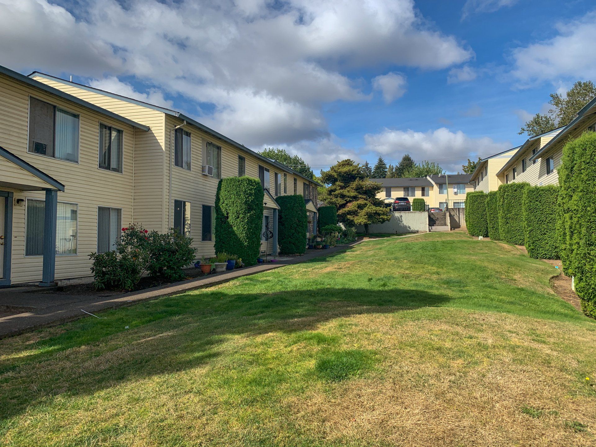 A row of apartment buildings with a large lawn in front of them.