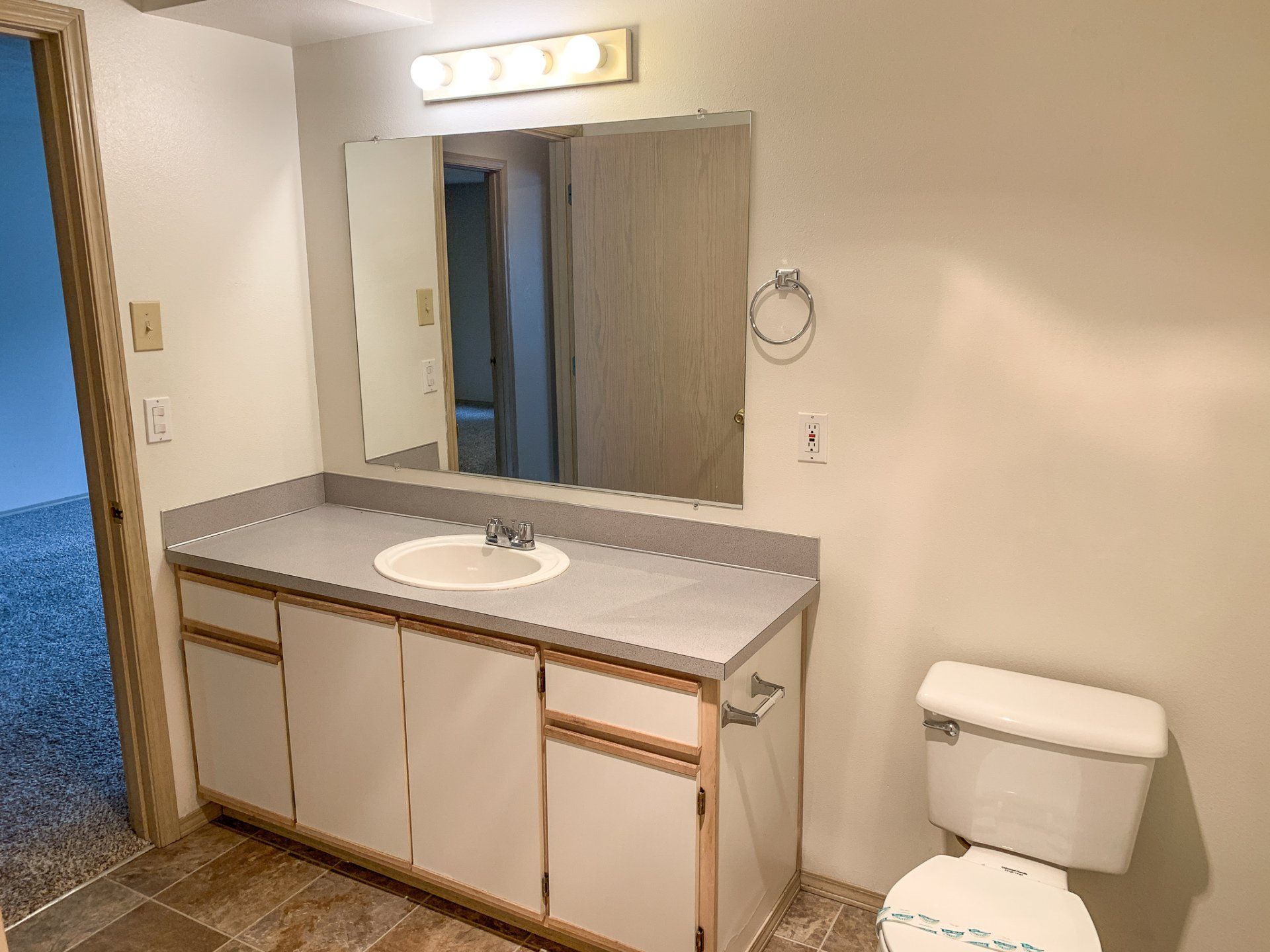 A bathroom with a sink , toilet and mirror.