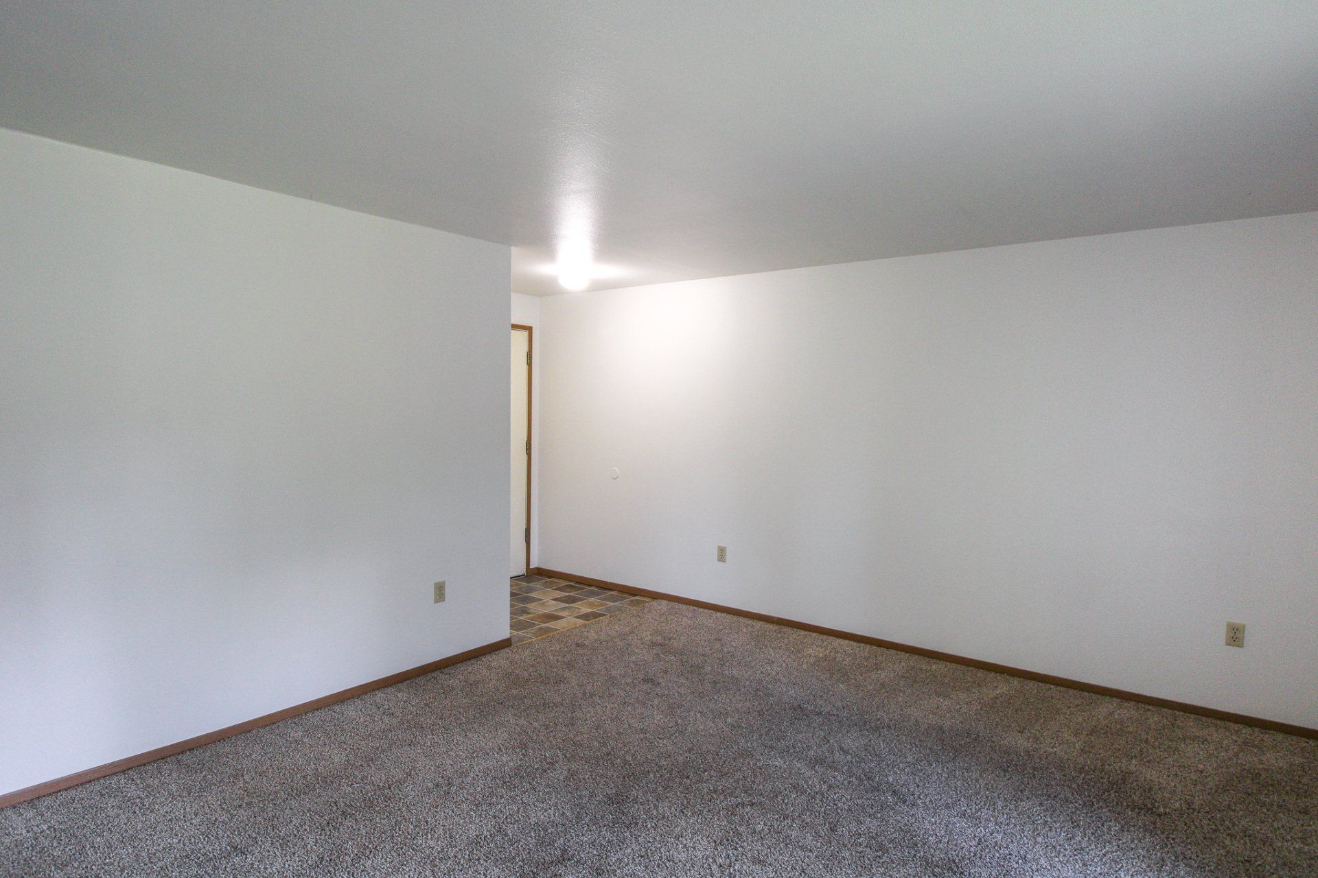 An empty living room with white walls and a carpeted floor.