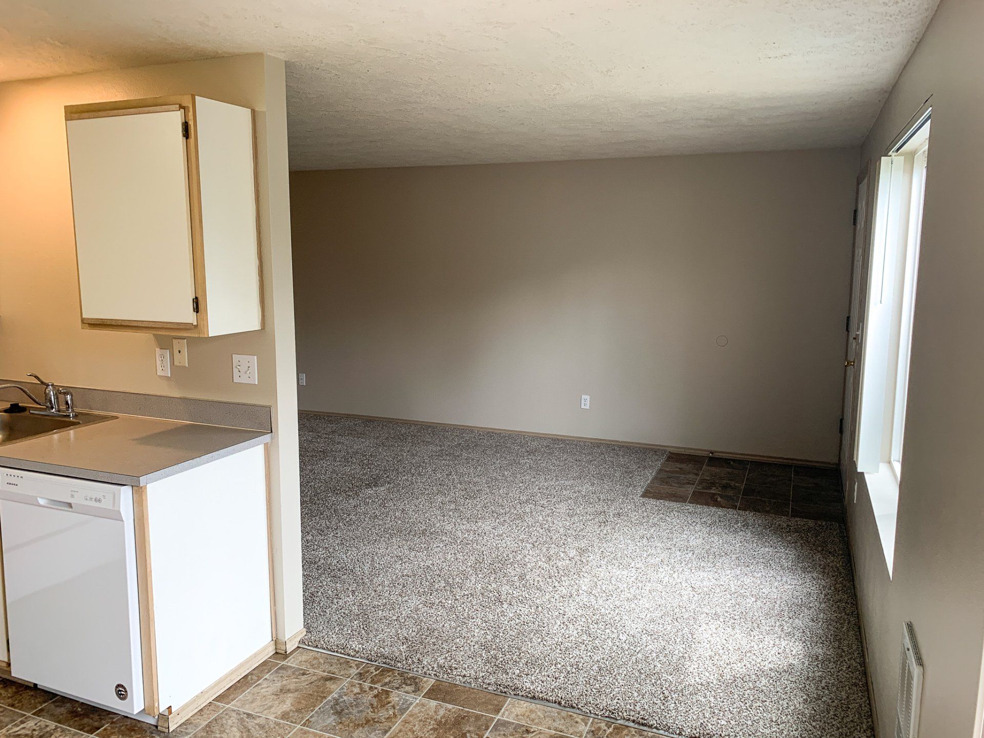 An empty kitchen with a dishwasher and a sink.