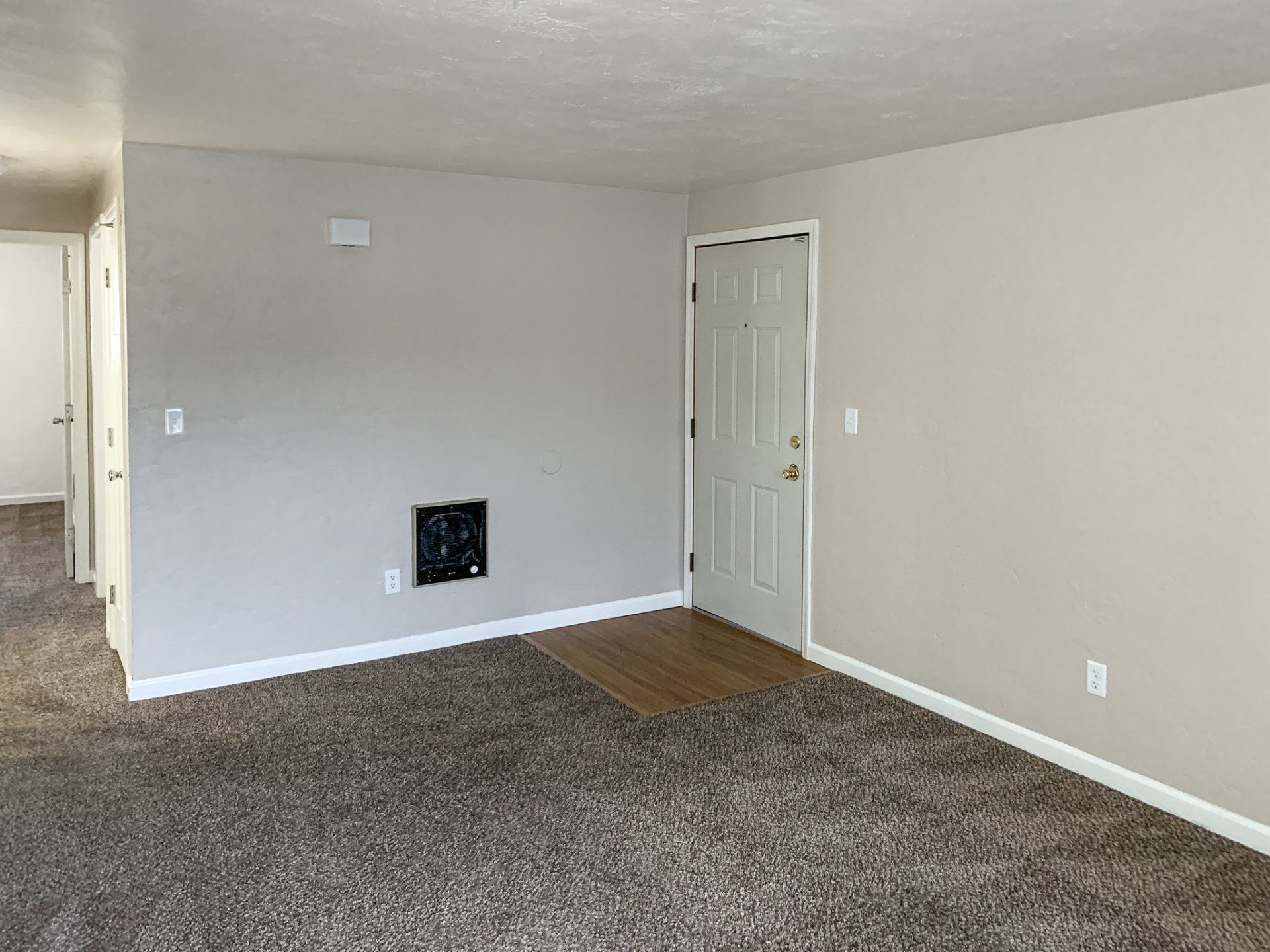 An empty living room with a carpeted floor and a door.