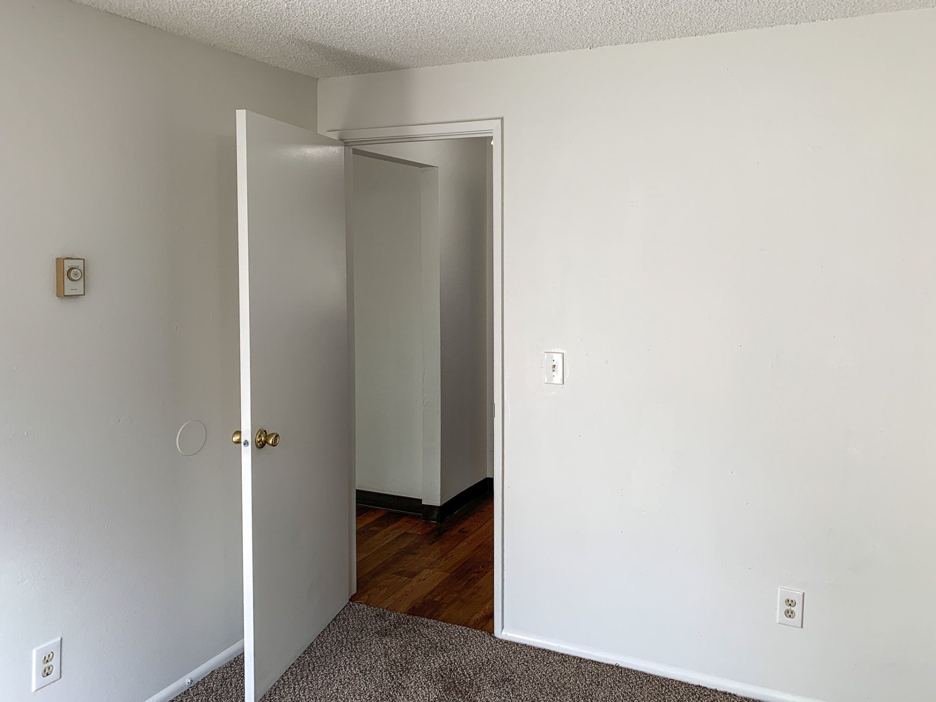 An empty bedroom with a closet and a door open.