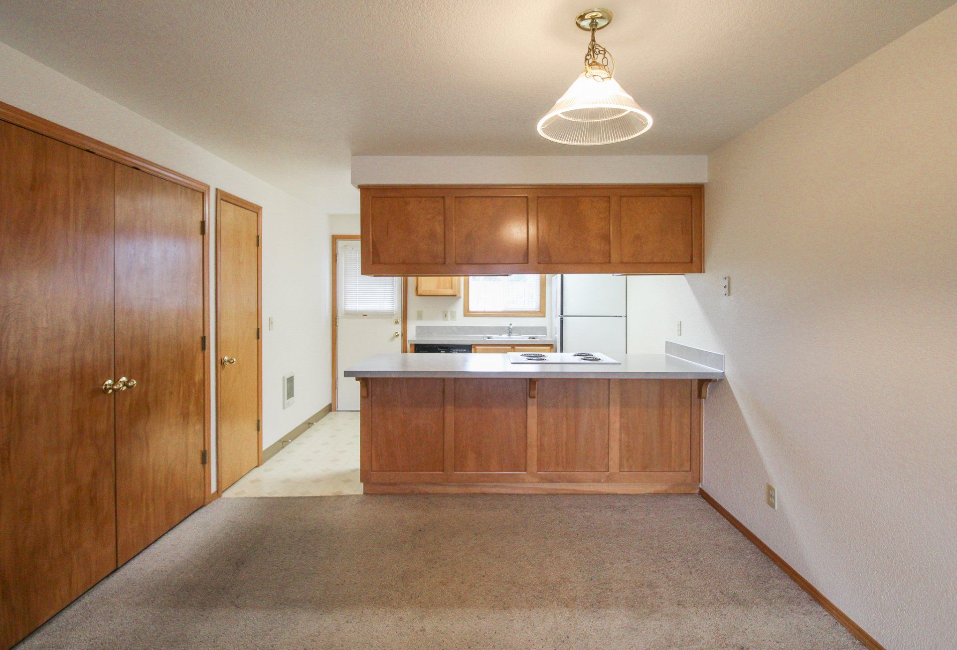 An empty room with a kitchen in the background