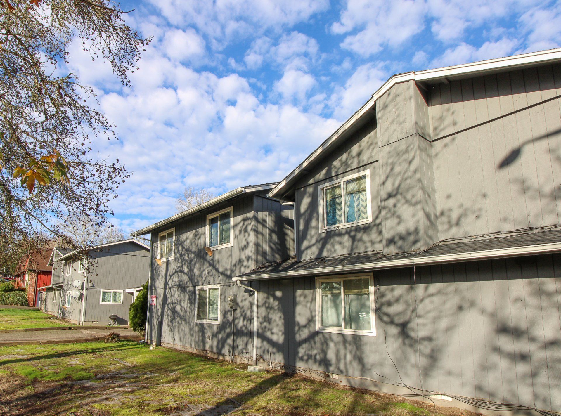 A row of houses with trees in front of them on a sunny day.