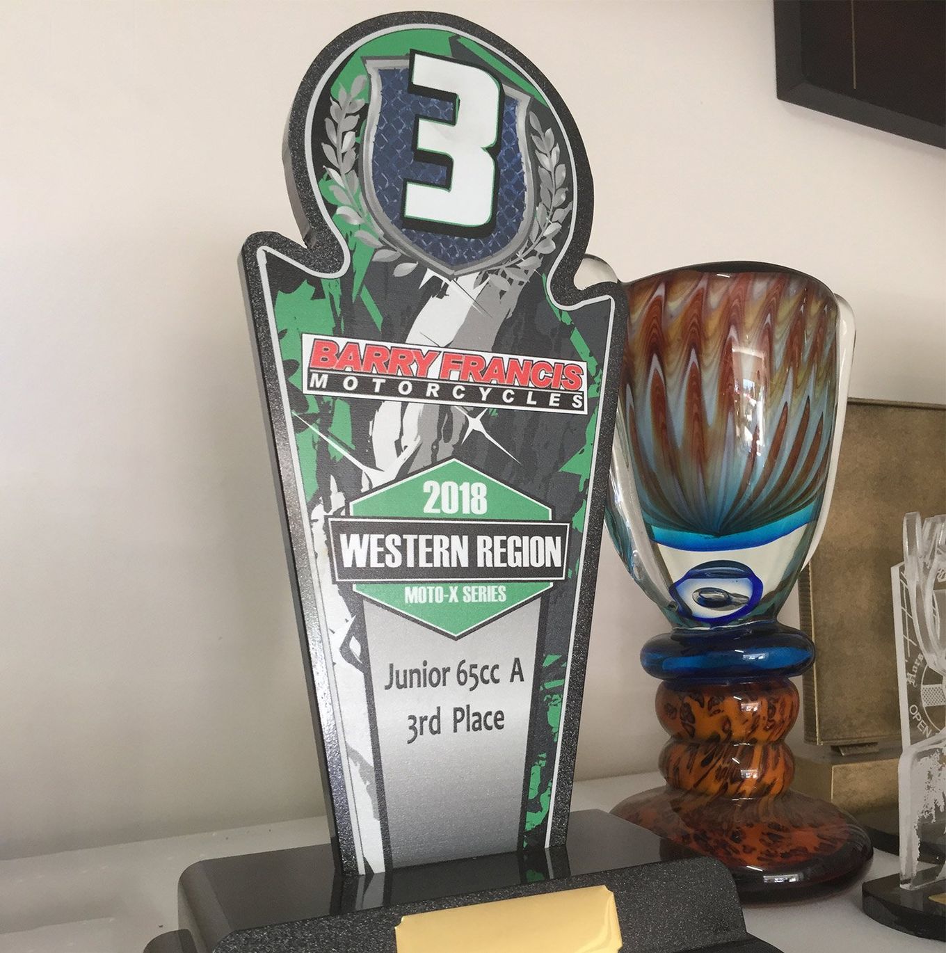A close up image of trophies.