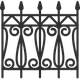 Black wrought iron fence with pointed tops and ornate scrollwork.