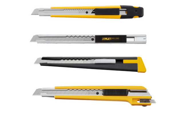 Se muestran cuatro tipos diferentes de cutters multiusos sobre un fondo blanco.