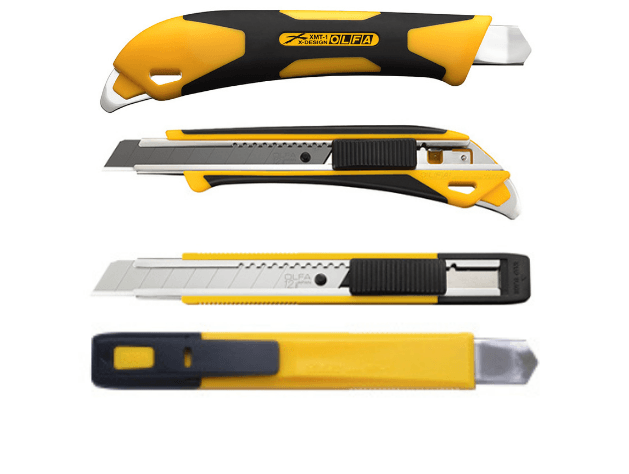 Tres tipos diferentes de cutters están alineados sobre un fondo blanco.