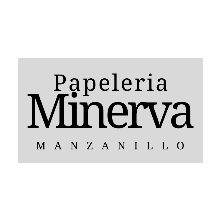 A black and white logo for papeleria minerva manzanillo