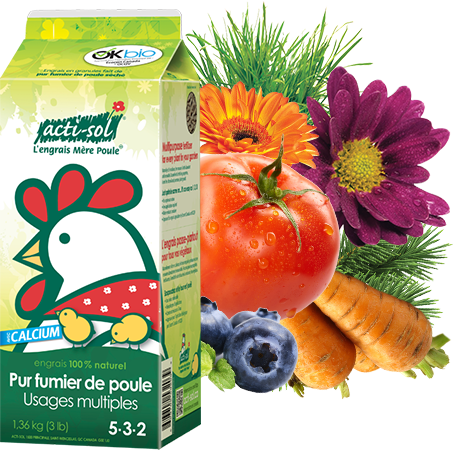 Carton d'engrais Acti-Sol à base de fumier de poulet, orné d'un logo représentant des poulets, des légumes et des fleurs.