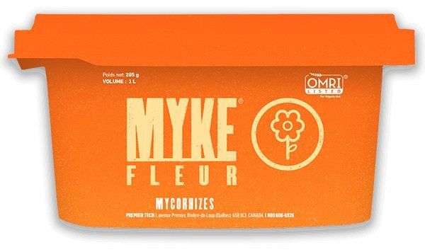 Pot orange de Myke Fleur mycorhizant, avec texte et logo floral, homologué OMRI.