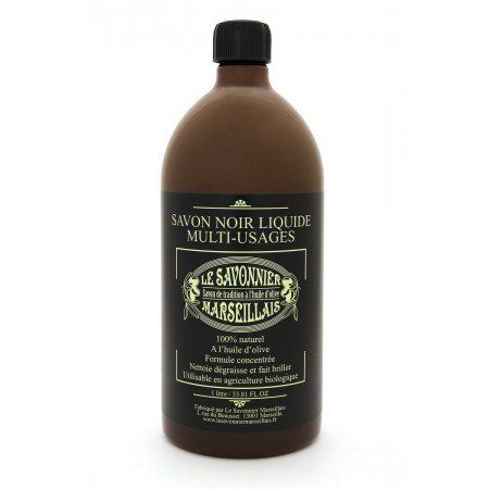 Bouteille de savon noir liquide, marque « Le Savonnier Marseillais », bouteille brune, bouchon noir, étiquette en français.