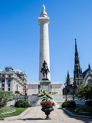 Front View of the Washington Monument in Baltimore, Maryland.