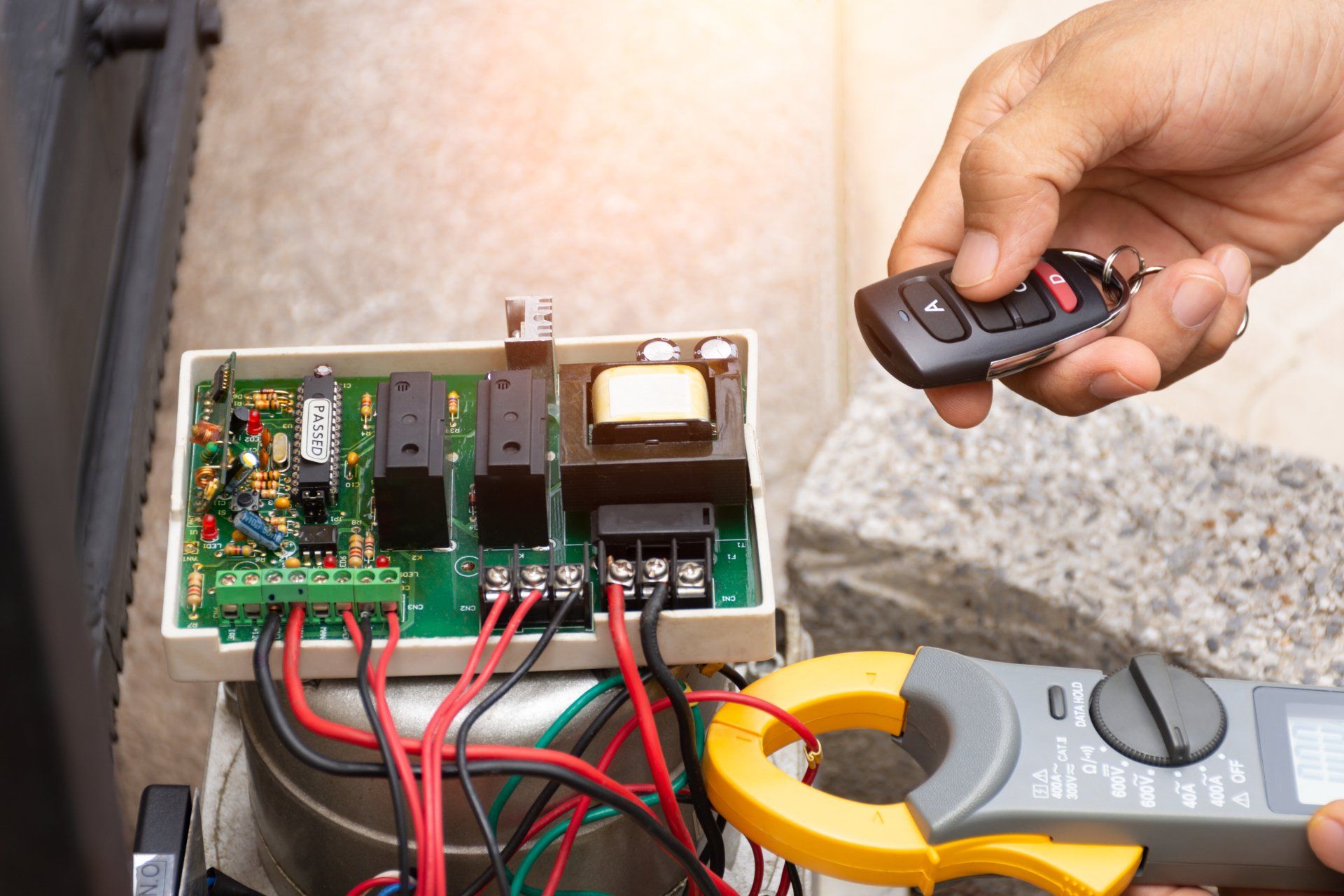 A person is holding a remote control over a circuit board.