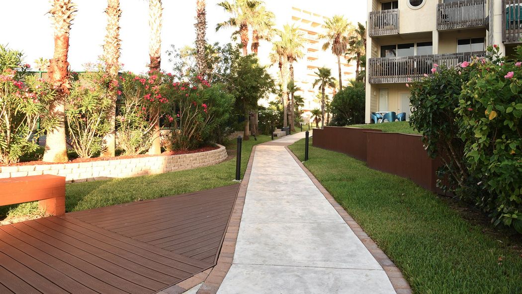 Una pasarela que conduce a un edificio con palmeras al costado.