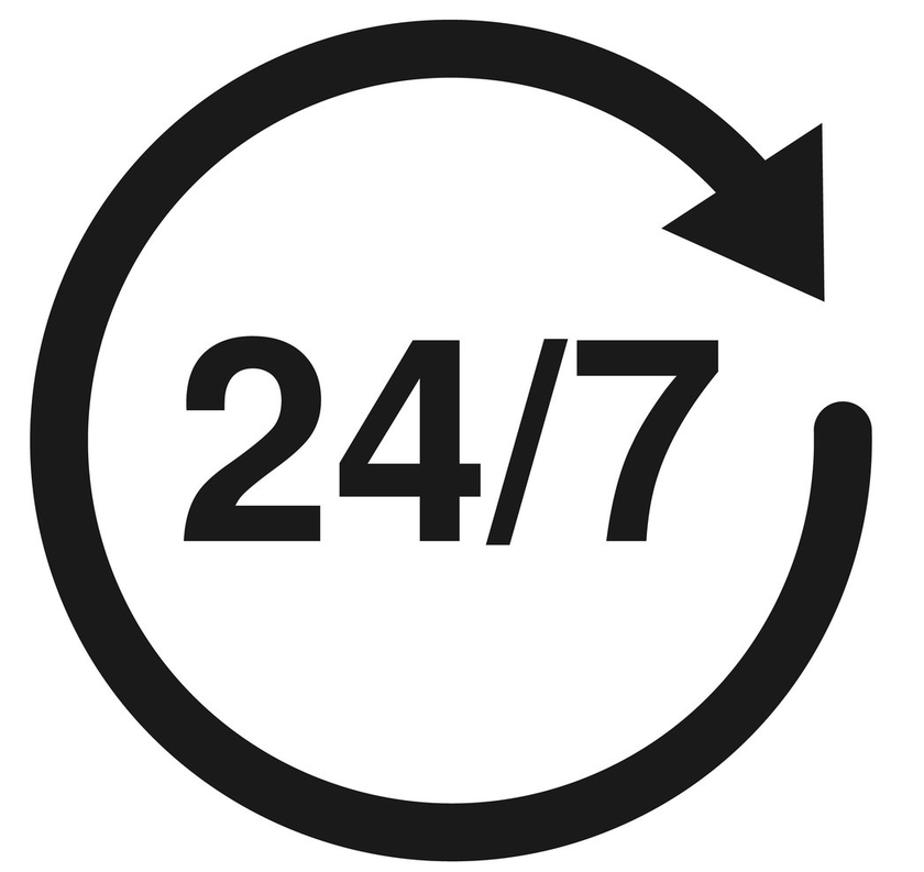 Black circular arrow surrounding “24/7” in black text on a white background.