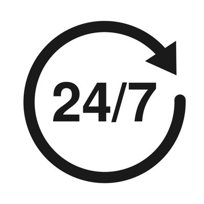24/7 text inside a black circular arrow icon on a white background