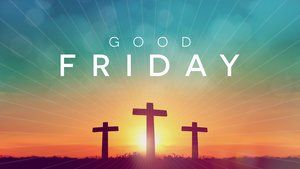 Three crosses silhouetted against a sunrise with the text