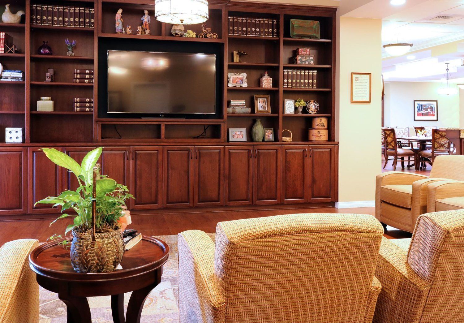 Cozy living area with built-in wooden shelves, TV, armchairs, and a round table with a plant.