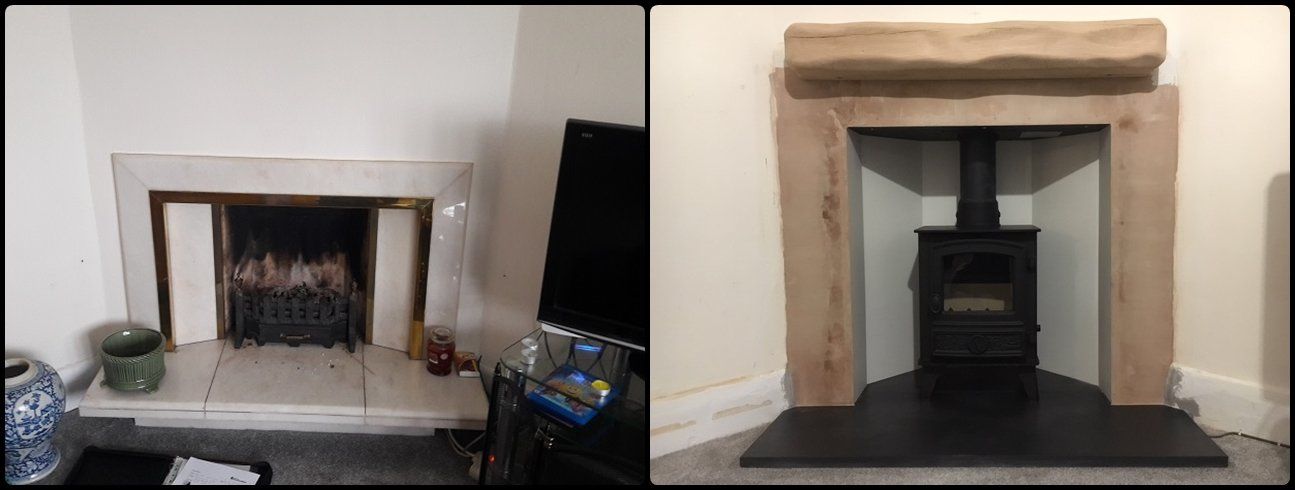 Corner Fireplace with Oak Mantel and Herald Hawk 4 Stove