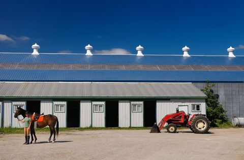 Rider holding her horse at riding stables and arena