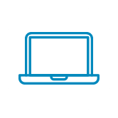 Blue line art of a laptop computer with an open screen.