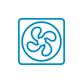 Blue square icon with a fan symbol.