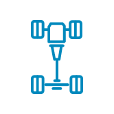 Blue overhead schematic of a vehicle chassis with four wheels.