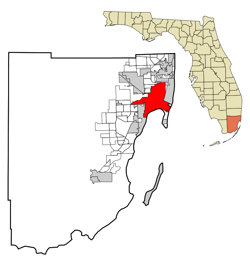 Map of Miami city limits in and around Miami-Dade County and Florida