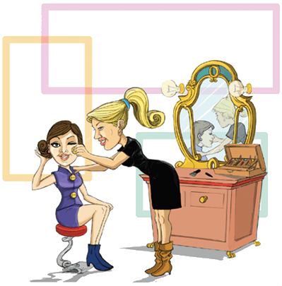 A woman is getting her makeup done in front of a mirror