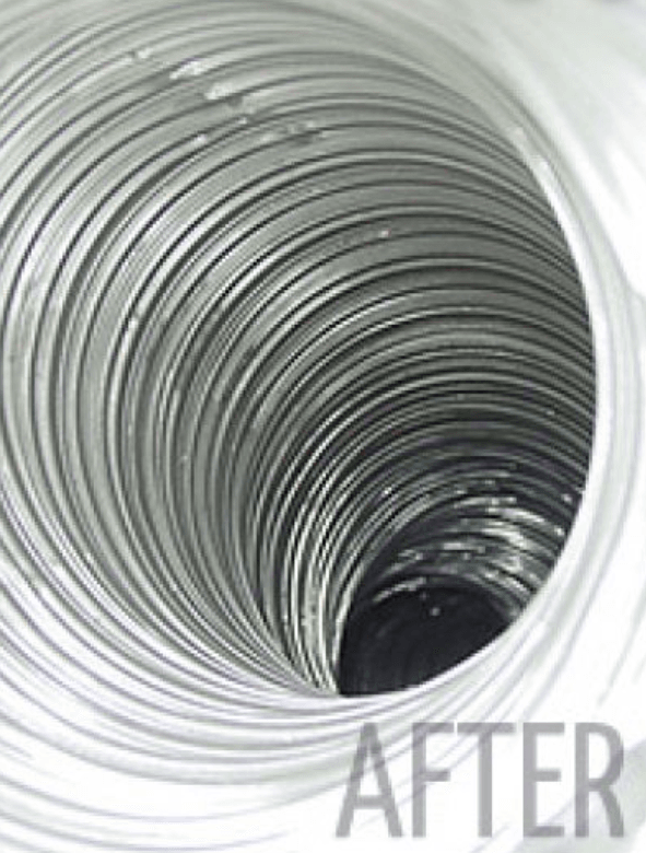 A close up of a stainless steel duct with the words after on the bottom