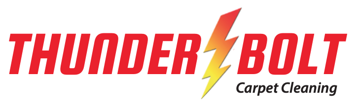 The logo for thunder bolt carpet cleaning has a lightning bolt on it.
