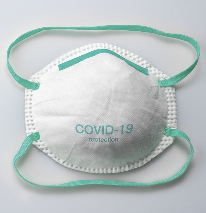 A face mask that says covid-19 protection on it