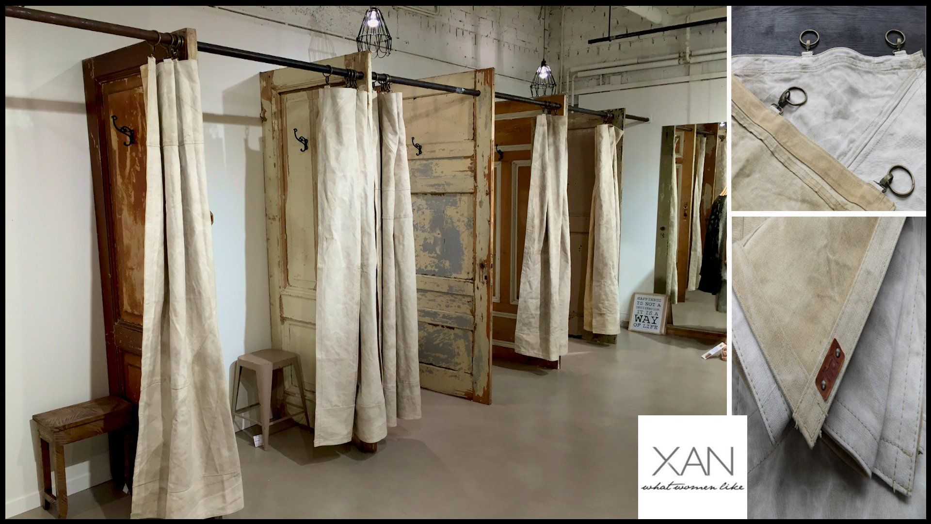 paskamer gordijnen, Xan woman - gerecycled canvas paskamer gordijnen - tentdoek gordijnen - retail inrichting