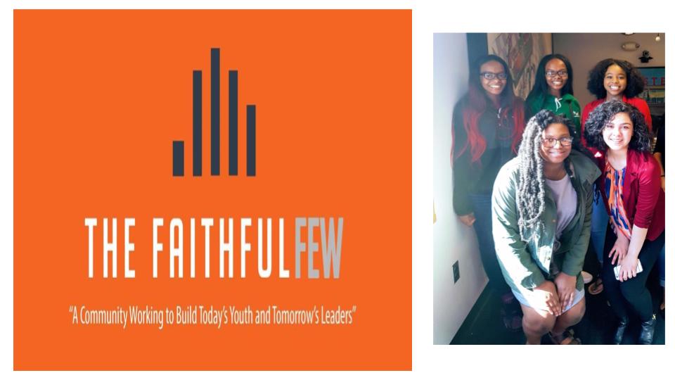 a group of young women are posing for a picture in front of an orange sign that says the faithful few .