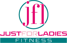 Just For Ladies Fitness logo in pink and teal with stylized jfl initials