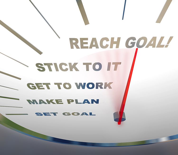 A speedometer that says reach goal stick to it get to work make plan set goal
