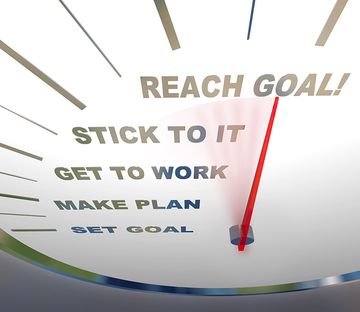 A speedometer that says reach goal stick to it get to work make plan set goal