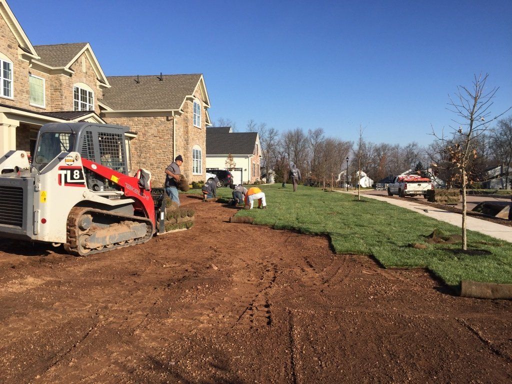 Landscaping crew installing sod in front yard of a two-story brick house, with a skid steer present.