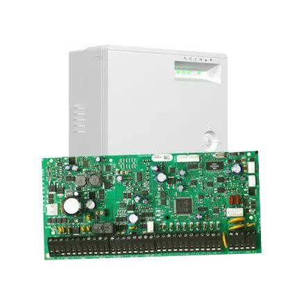 Security system control panel with circuit board and white enclosure.
