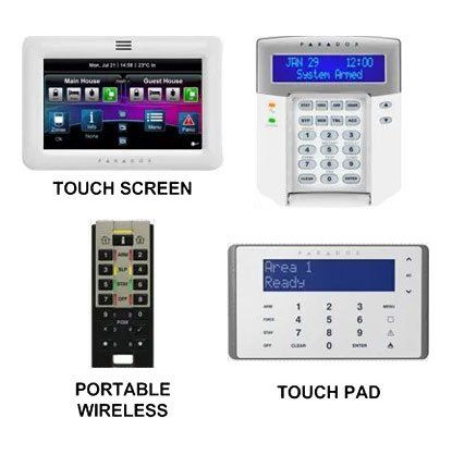 Security system components: touchscreen, keypad, remote, and touchpad.