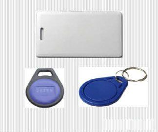 White access card and two blue RFID key fobs.