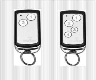 Two black ProKey remote controls with buttons numbered 1 and 2, and the other with 1, 2, 3, and 4, hanging from key rings.
