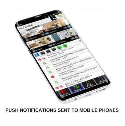 Smartphone displaying a home security app with video feeds and push notification history.