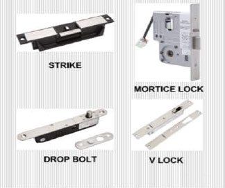 Four types of door lock hardware: strike, mortice lock, drop bolt, and V lock.